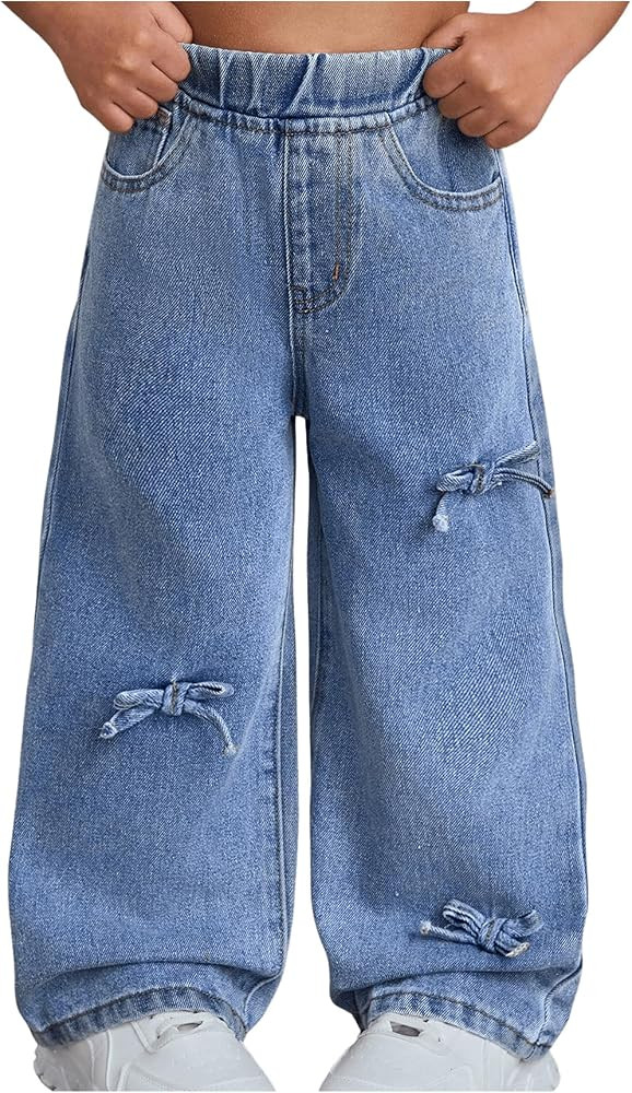 WDIRARA Girls' Bow Decor High Waisted Jeans Straight Leg Elastic Casual Denim Long Pants | Amazon (US)