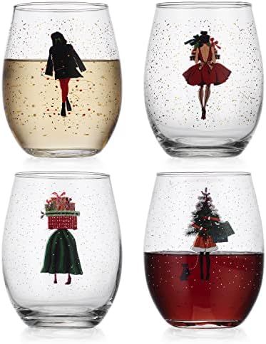 Elegant Home Set of Four (4) 20oz Holiday Festive Christmas Stemless Wine Glass For Red Or White ... | Amazon (US)