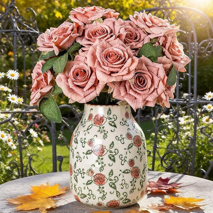 Green and Beige Vintage Round Vase, Red Rose Chinoiserie Floral Vase, Farmhouse Antique Decorativ... | Amazon (US)