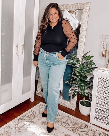 Black top with sheer sleeves, wide leg jeans, high waisted jeans, asymmetrical button jeans, black flats, casual outfit, amazon style, abercrombie style 

#LTKunder100 #LTKcurves #LTKstyletip