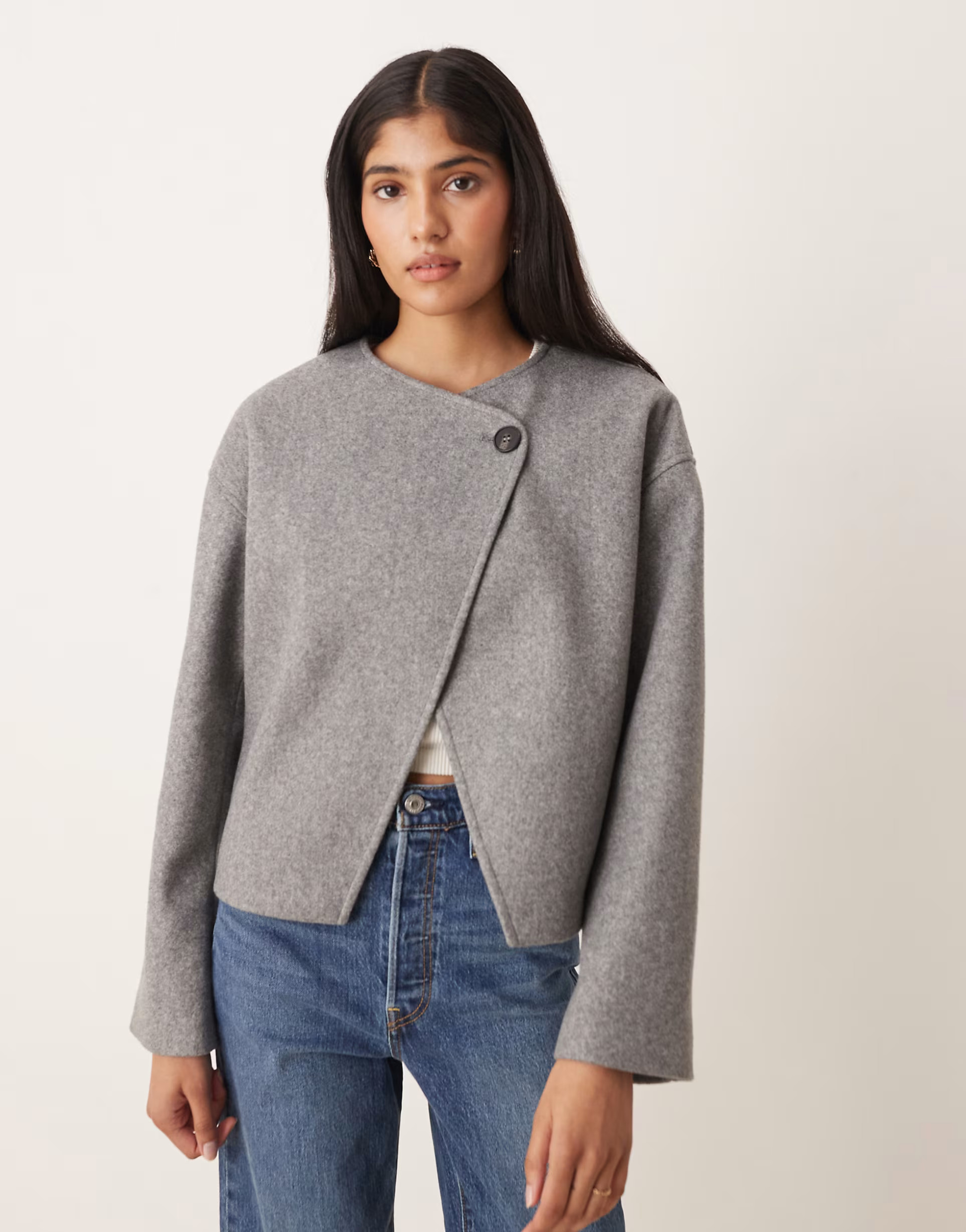 Vila wrap front short wool jacket in mid grey melange | ASOS (Global)