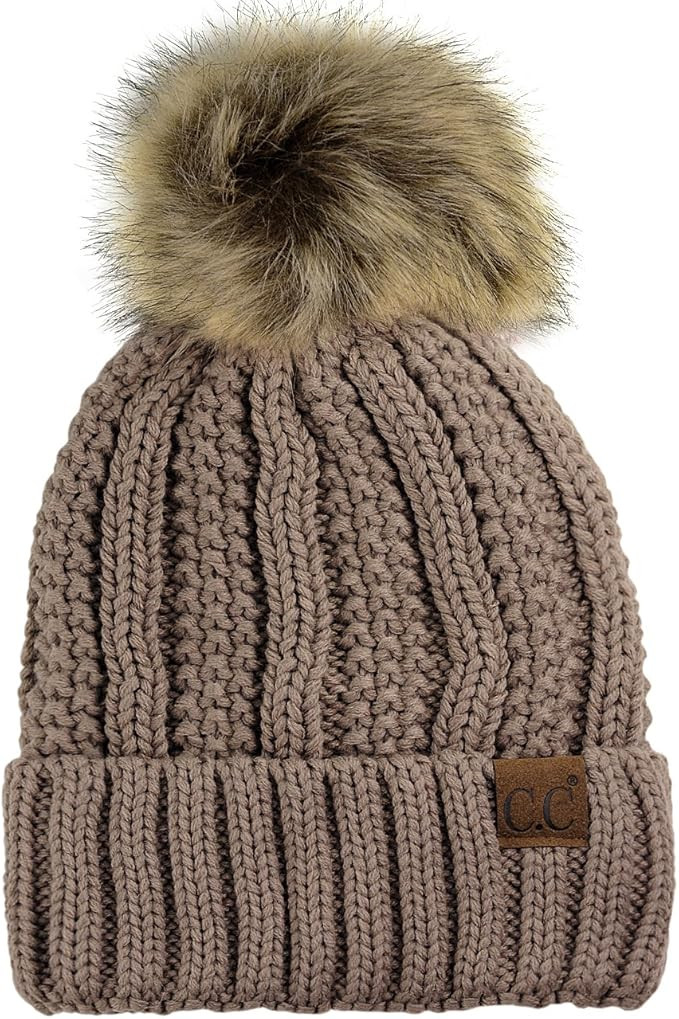 C.C Thick Cable Knit Faux Fuzzy Fur Pom Fleece Lined Skull Cap Cuff Beanie | Amazon (US)