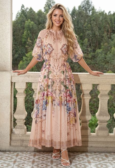 Bohemian Dreamy Floral Tie-Neck Chiffon Maxi Dress in Apricot for City Sightseeing & Casual Day T... | Chicwish
