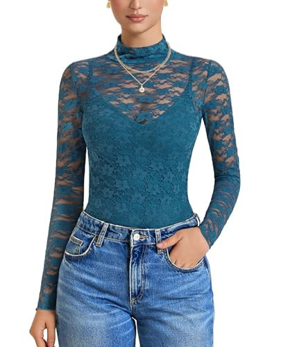 Avidlove Lace Long Sleeve Tops Mock Neck Body Suits Thong Bodysuit High Neck Mesh Top Date Night Outfit for Women | Amazon (US)