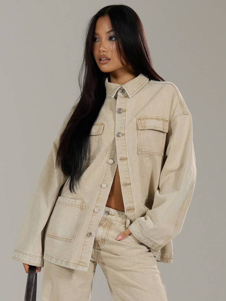 MUSERA Winter Clothes Washed Denim Pocket Jacket Thanksgiving | SHEIN