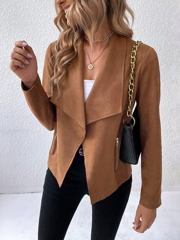 Waterfall Collar Open Front Faux Suede Jacket | SHEIN