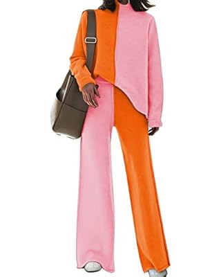 Fixmatti Women Knitted Outfits High Neck Sweater Wide Leg Pant Set 2 Pieces Sweatsuit | Amazon (US)