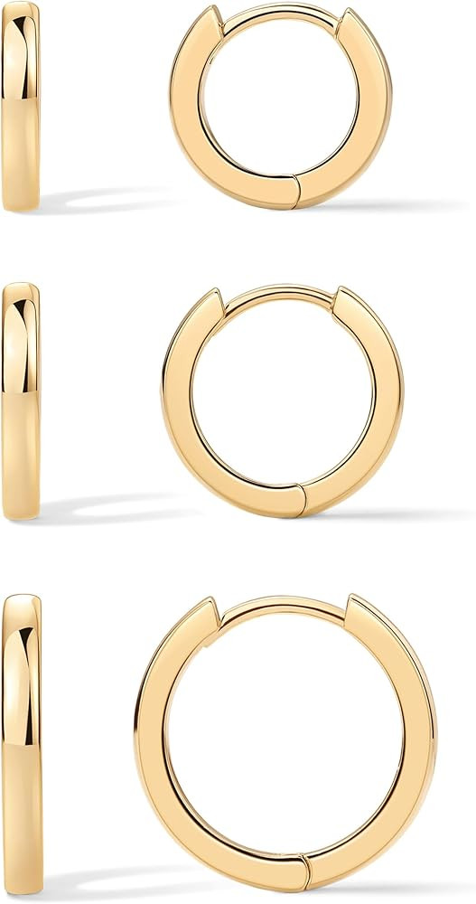 PAVOI 18K Gold Plated 925 Sterling Silver Posts 3 Pairs Hoop Earrings Set for Women | Huggie Earr... | Amazon (US)