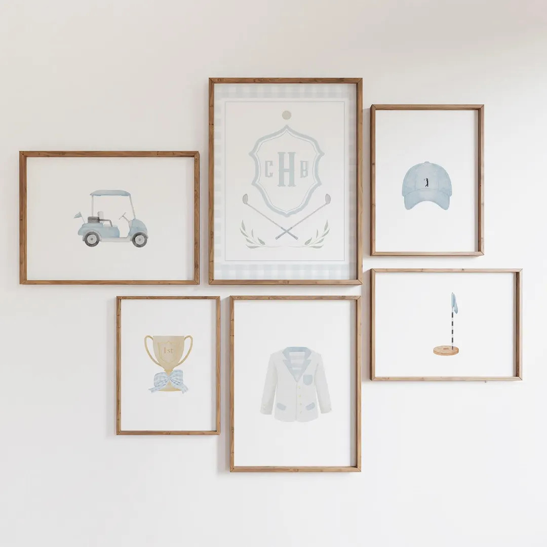 Blue Golf Nursery Wall Art Set of 6, Blue Sports Nursery Decor, Kids Sports Wall Art Set, Custom ... | Etsy (US)
