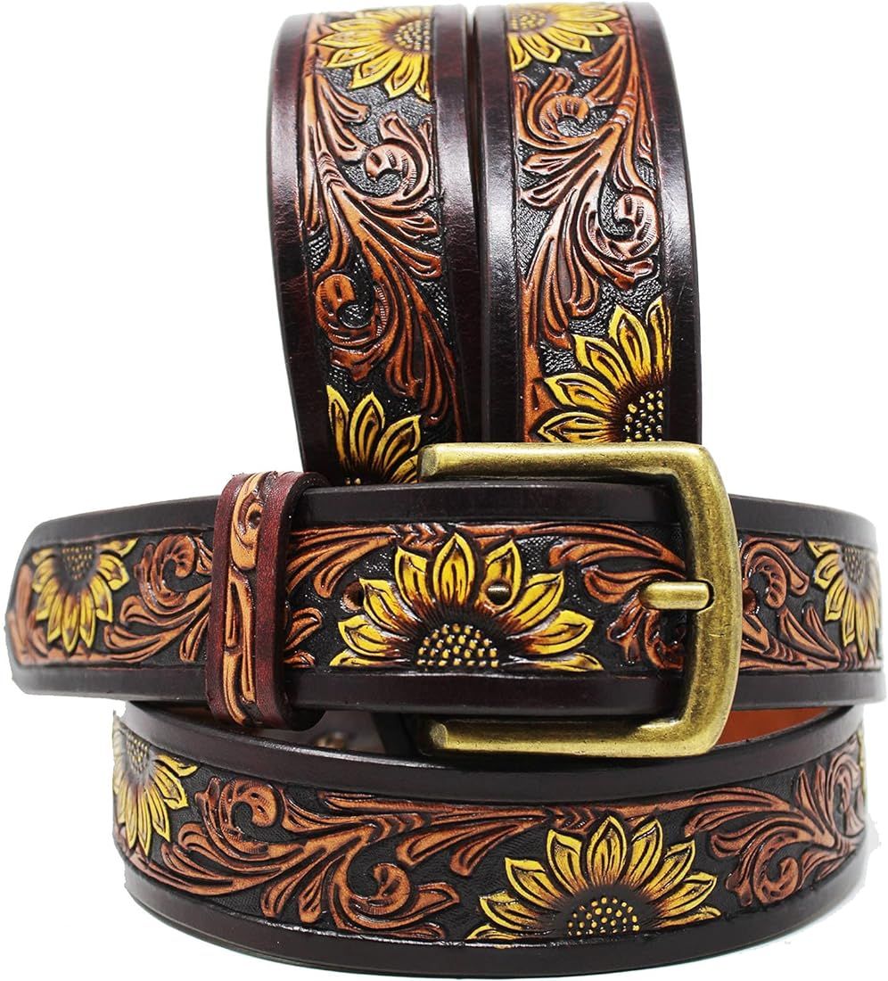 CHALLENGER Men Women 1-1/2" Wide Tan Leather Floral Tooled Casual Jean Belt 26FKBrown | Amazon (US)