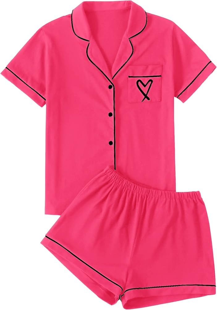 LYANER Women's Pajamas Set Heart Print Button Short Sleeve Shirt with Shorts Sleepwear PJs Set | Amazon (US)