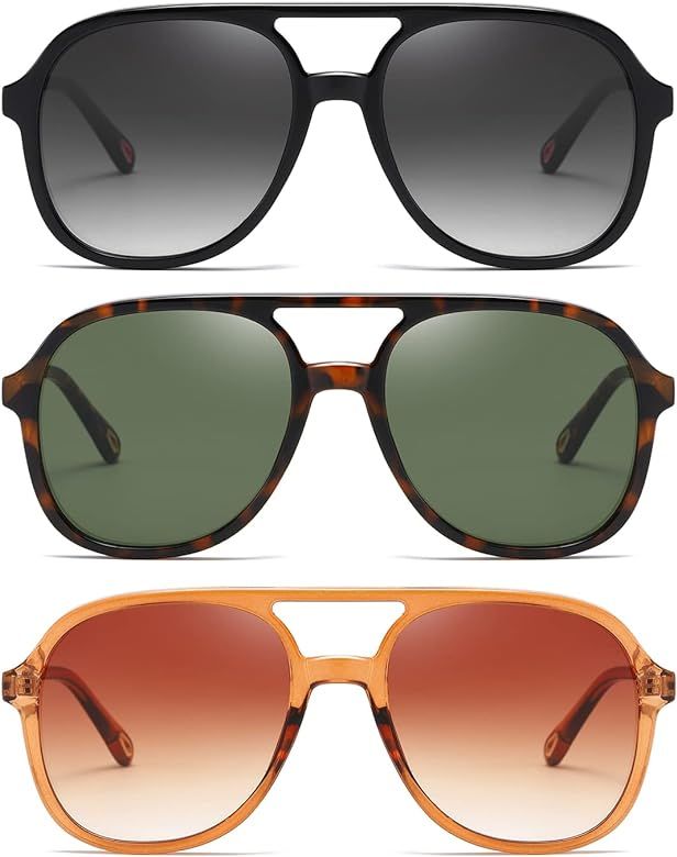 MASDUN Retro Square Aviator Sunglasses Womens Mens 70s Stylish Vintage Double Bridge Sun Glasses | Amazon (US)