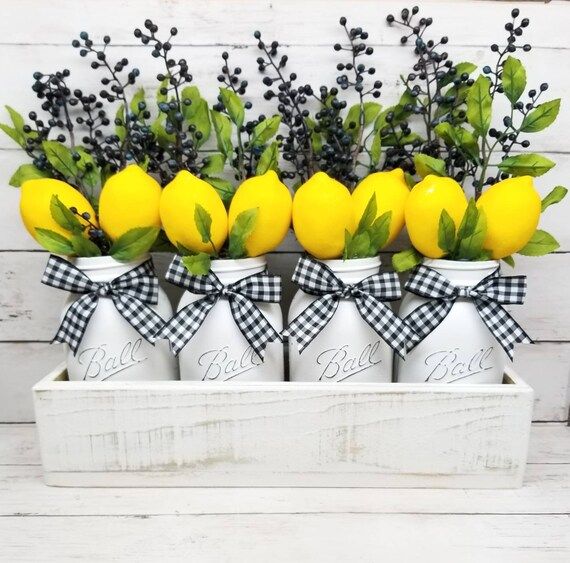 Farmhouse Centerpiece, Spring Table Decor, Lemon Kitchen Decor, Buffalo Plaid Decor, Lemon Bridal... | Etsy (US)