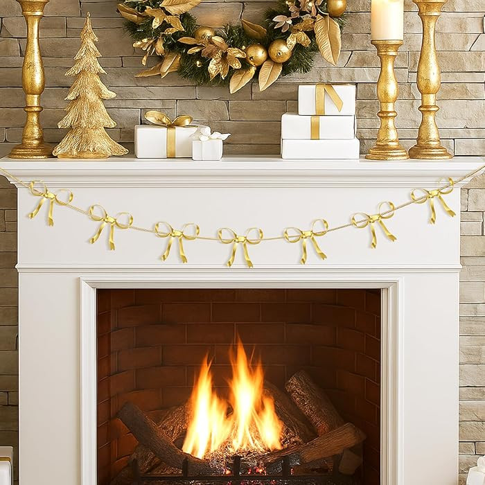 Christmas Bow Garland Decor 7.55ft Metal Gold Bow Banner Coquette Room Decor Birthday Xmas Tree D... | Amazon (US)