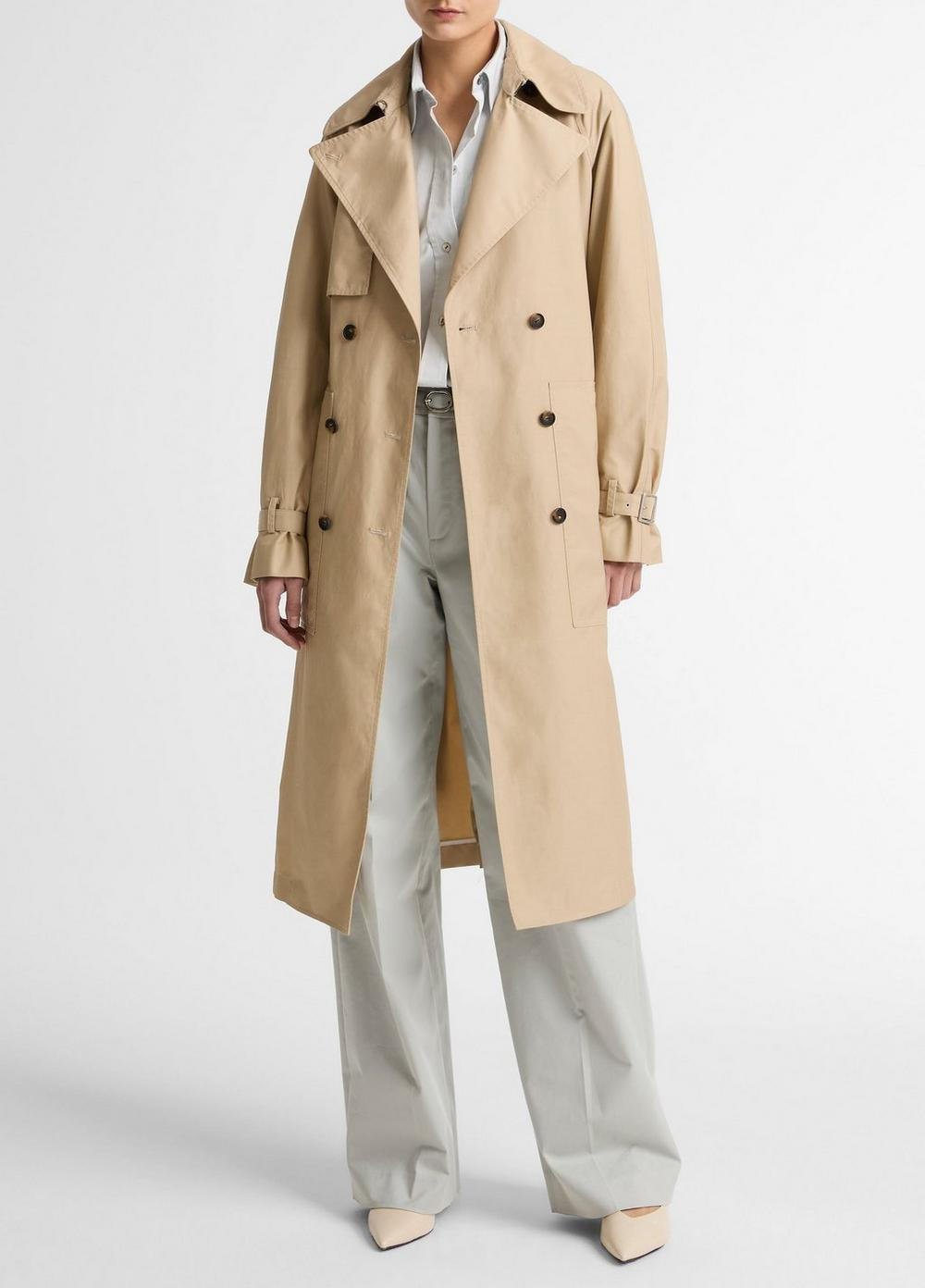Women's Fine Cotton-Blend Twill Trench Coat, Pumice Stone, Size S Vince | Vince LLC