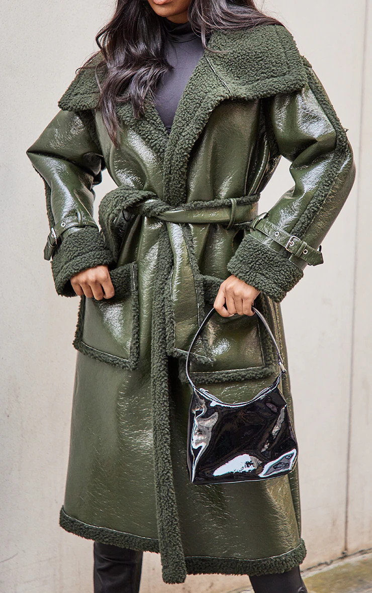 Green Vinyl Contrast Borg Midi Coat | PrettyLittleThing US