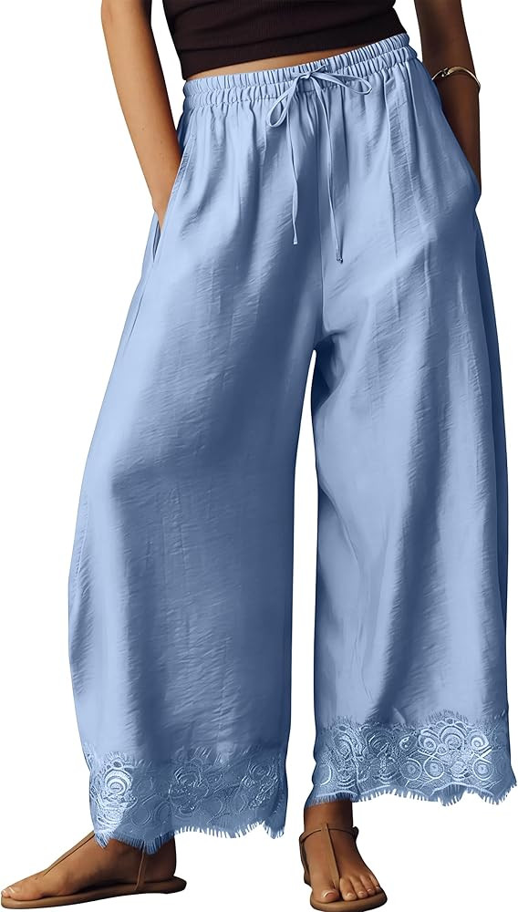 Anoumcy Lace Trim Wide Leg Pants for Women 2026 Spring Summer Cropped Lightweight Casual Pants | Amazon (US)