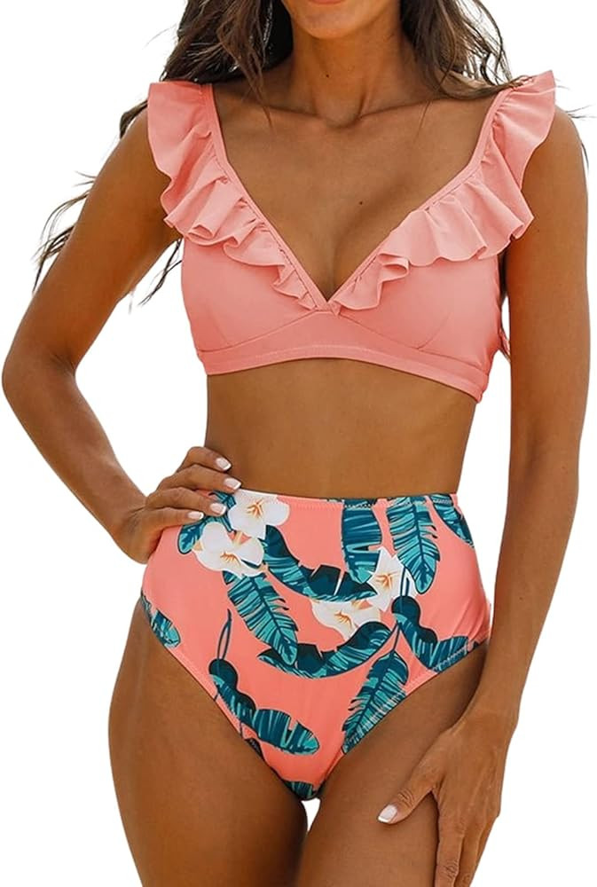 Roselychic Bikini Sets for Women High Waisted Bandeau Bathing Suits Tie Front Floral Printed 2 Pi... | Amazon (US)