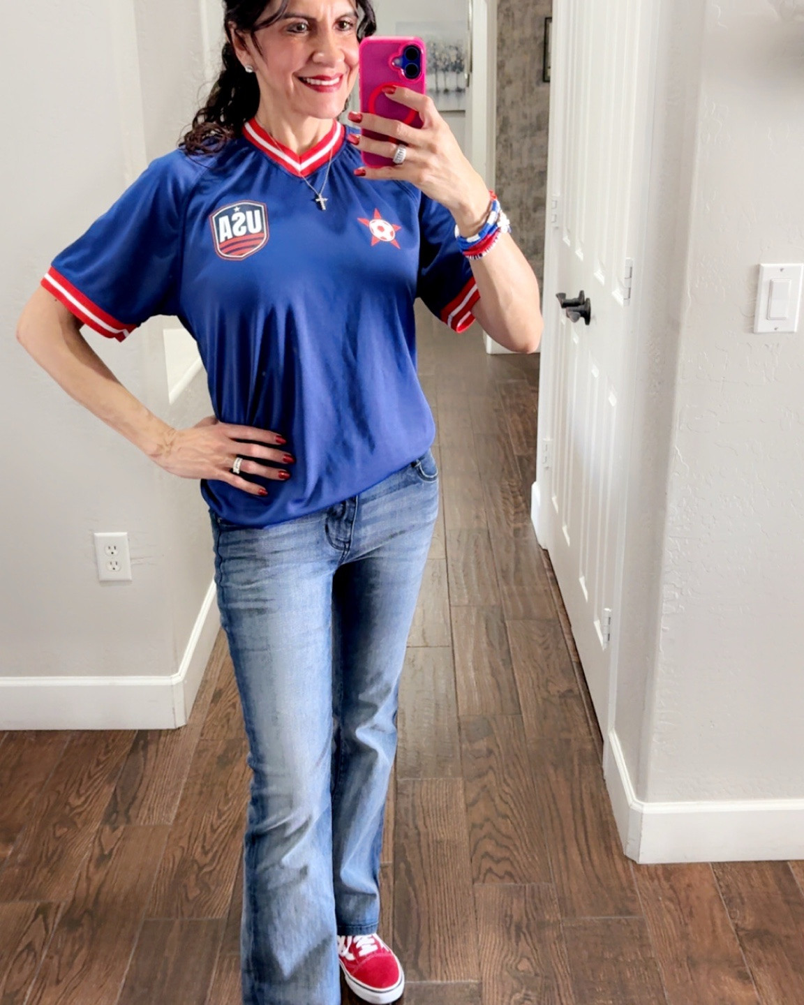 USA came through with a HUGE win yesterday! 🇺🇸⚽️ And can we talk about this men’s jersey from Kohl’s? I sized it for that effortless oversized fit, and it was under $20! ❤️🤍💙 Paired it with my favorite jeans and red sneakers for the perfect game day look.
Everything is linked in my LTK so you can recreate this outfit without breaking the bank! 
 
Follow me on LTK for more affordable finds and game-day style inspiration! 🇺🇸🏆 #LTKStyle #GameDayOutfit #AffordableFashion #KohlsFinds

#LTKOver40