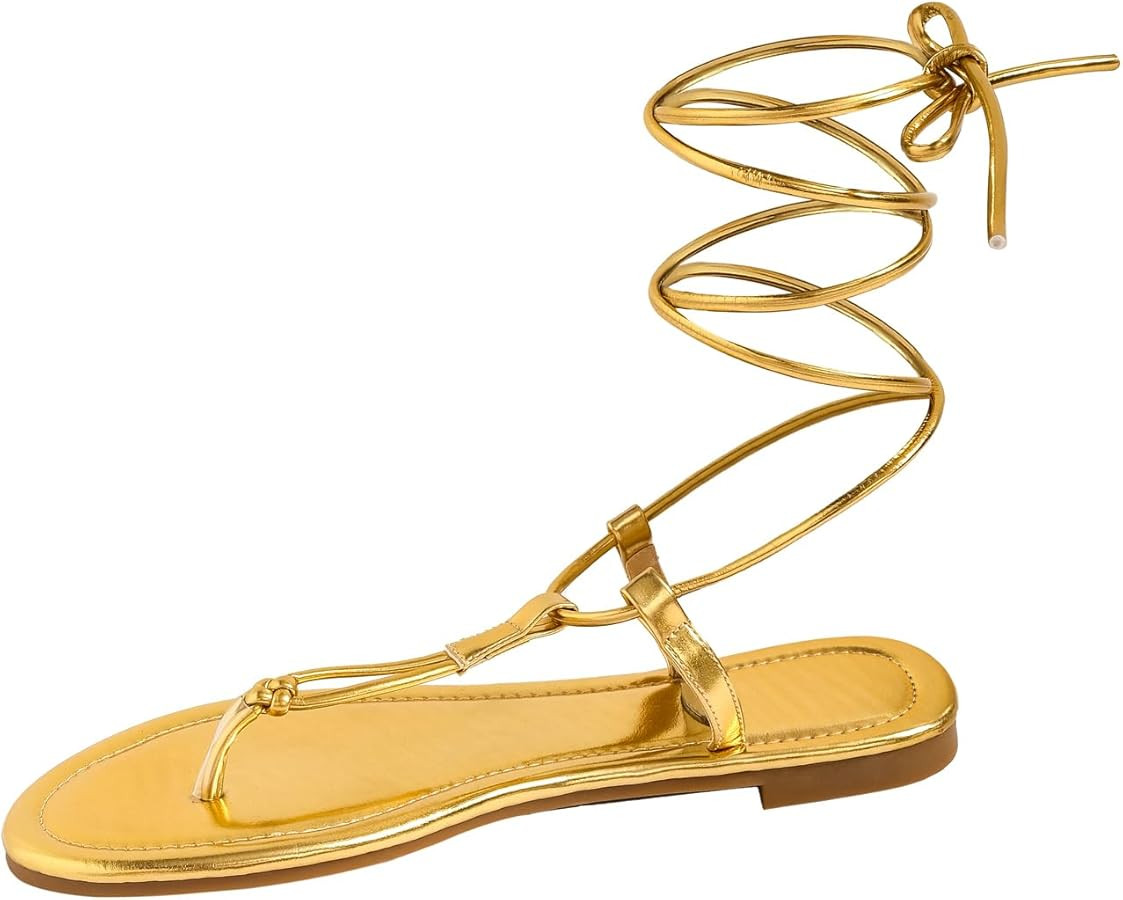GORGLITTER Women's Gold Lace Up Sandals Strappy Cute Summer Dressy Gladiator Tie Up Wrap Sandals ... | Amazon (US)