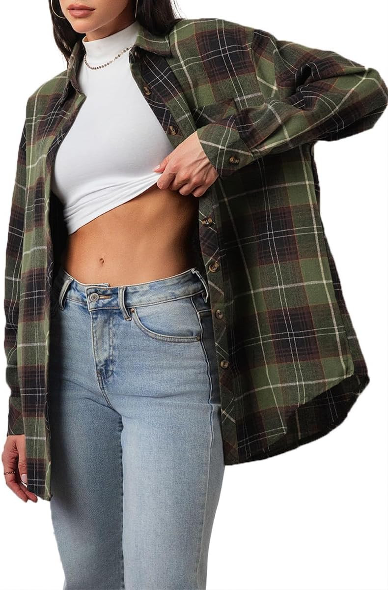 CHYRII Womens Button Down Flannel Shirts Long Sleeve Plaid Shackets Business Casual Blouse Top | Amazon (US)