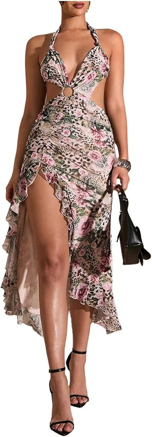 WDIRARA Women's Halter Cut Out Dress Floral Cheetah Print Asymmetrical Hem Sexy High Slit Mesh Ru... | Amazon (US)