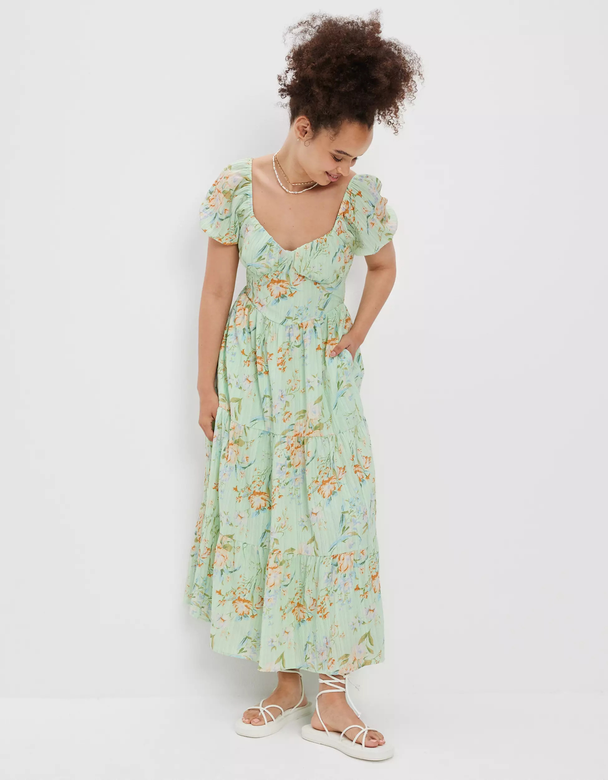 AE Floral Open Back Corset Midi Dress | American Eagle Outfitters (US & CA)