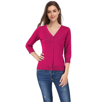 Coolmee Women's 3/4 Sleeve Knit Cardigan Sweater V-Neck Basic Classic Casual Button Down Lightweight Top Rose Red L | Target