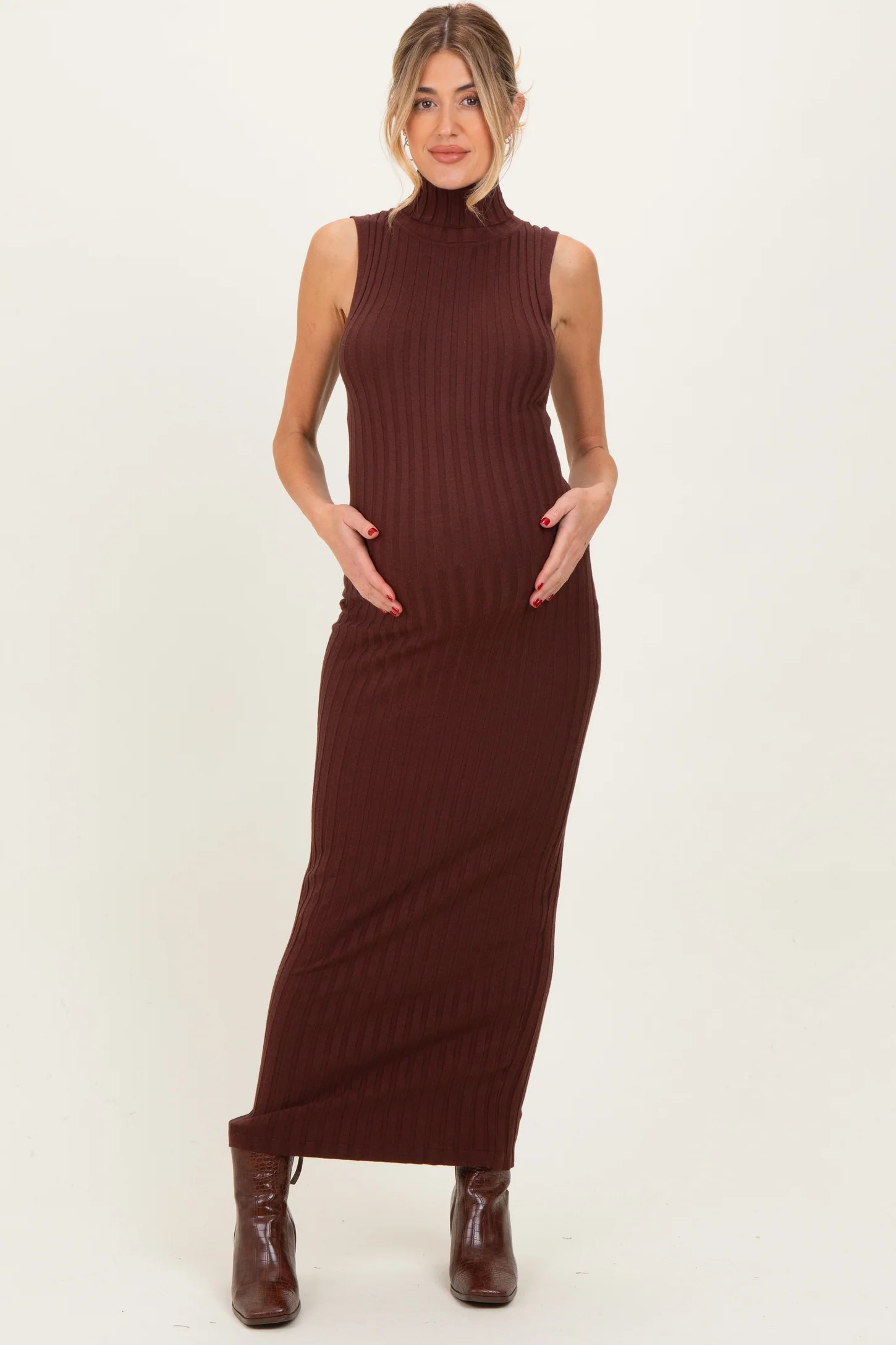 Brown Turtleneck Ribbed Knit Sleeveless Maternity Maxi Dress | PinkBlush Maternity