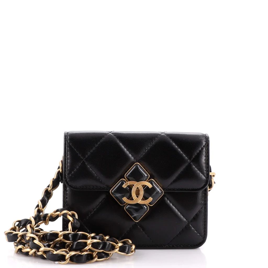 CC Diamond Lock Flap Card Holder on Chain Quilted Lambskin | Rebag