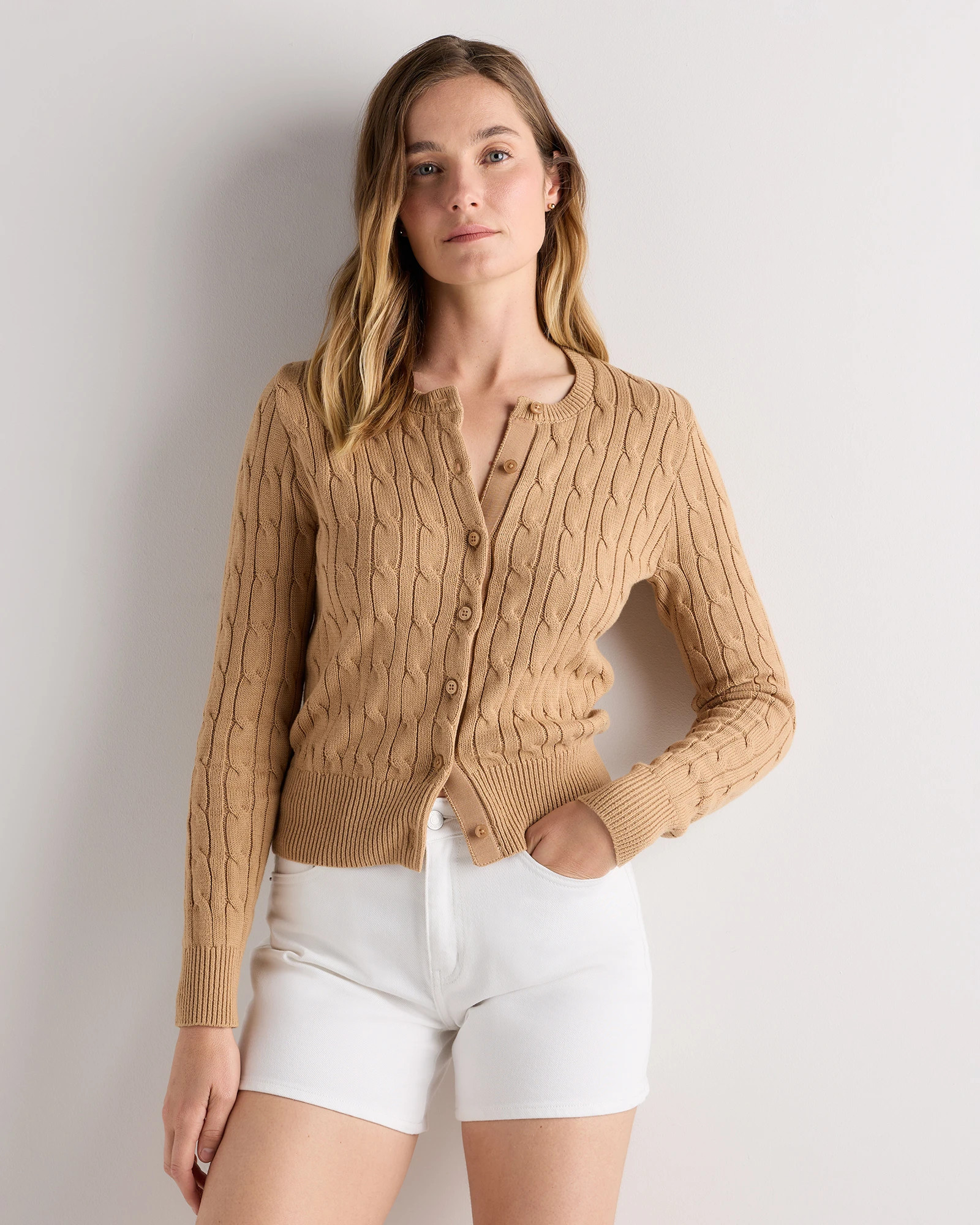 Quince | Women's Cable Crew Cardigan Sweater in Ivory, Size Large, Organic Cotton | Quince