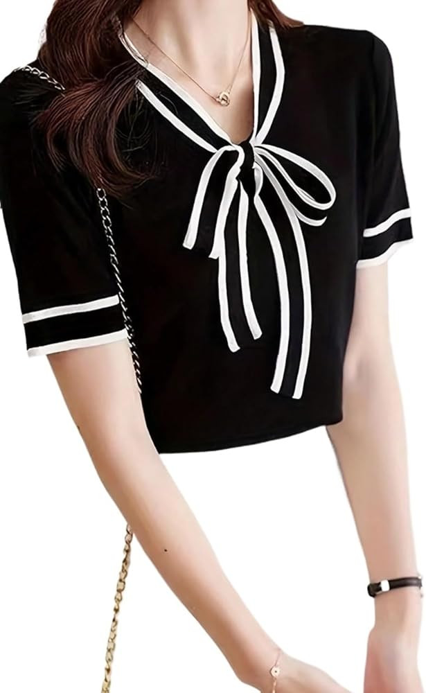 Women's Trendy Knit Tops Trim Knot Collar Short Sleeve Knit Top Spring Summer | Amazon (US)
