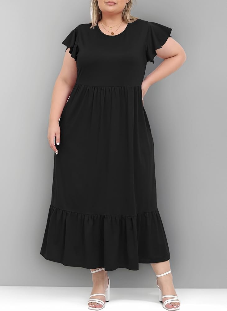 Moon Wood Damen Sommerkleid Lang Freizeit Maxikleid Curvy Blumenkleid mit Kurzarm und Taschen Gro... | Amazon (DE)