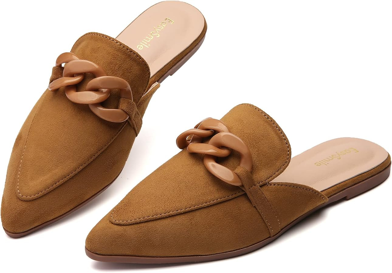 Metal Chain Decor Flat Mules for Women Closed Pointed Toe Slip on Loafers Slides Backless Mules S... | Amazon (US)