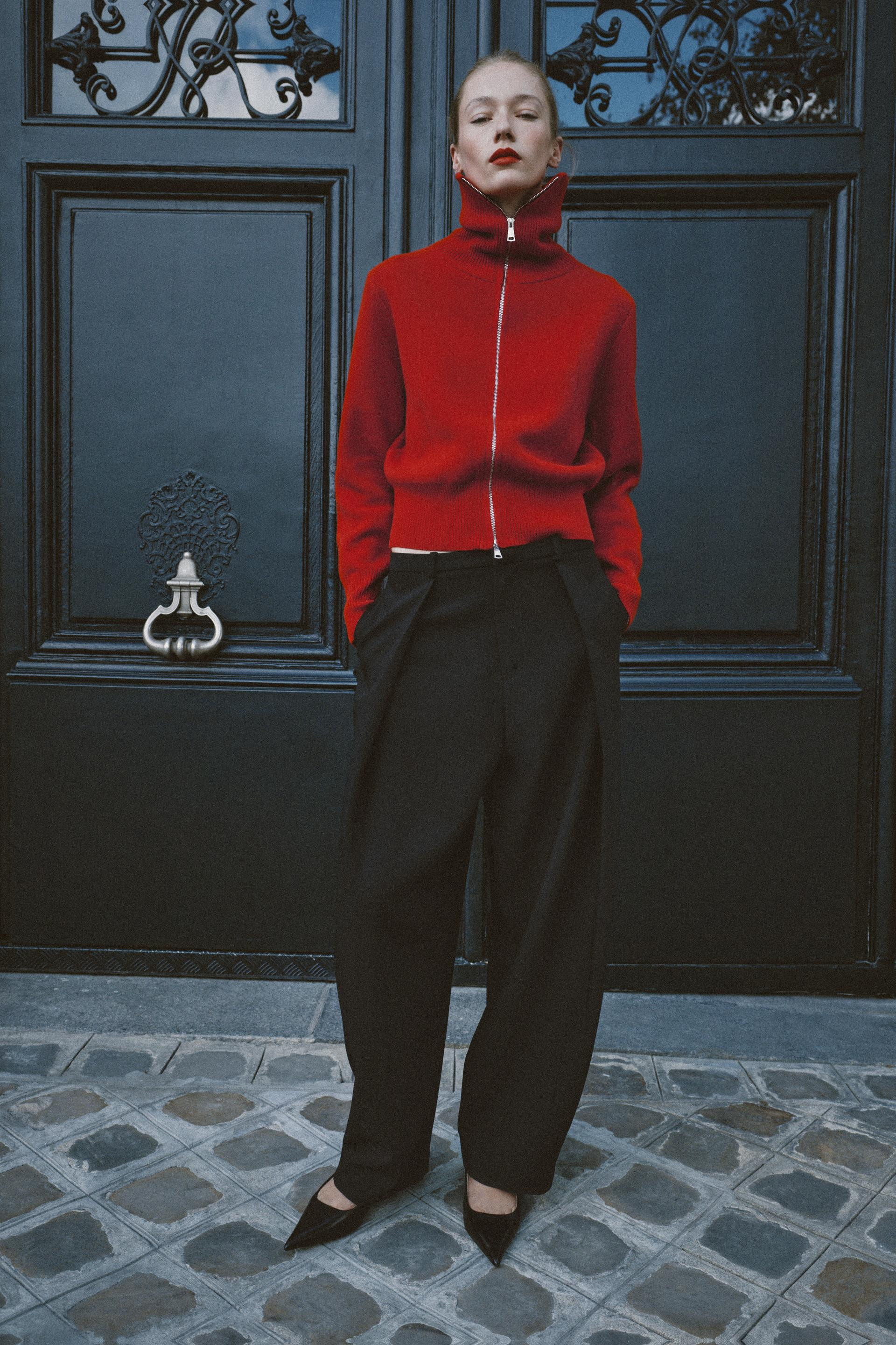 Zara - 96% Wool Zip-Up Bomber Jacket - Red - S - Woman | Zara UK