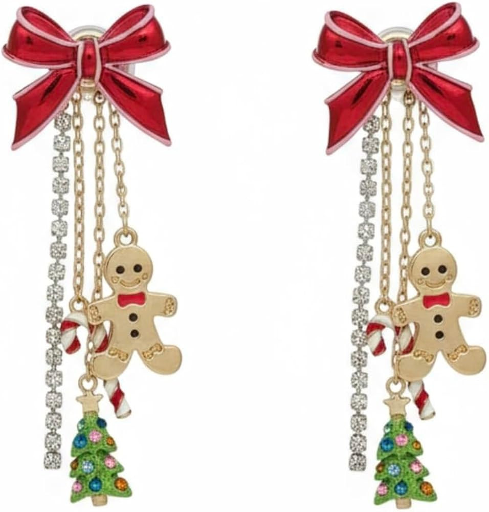 Betsey Johnson Gingerbread Christmas Tree Bow Drop Earrings, Red Gold Holiday Dangle Jewelry for ... | Amazon (US)
