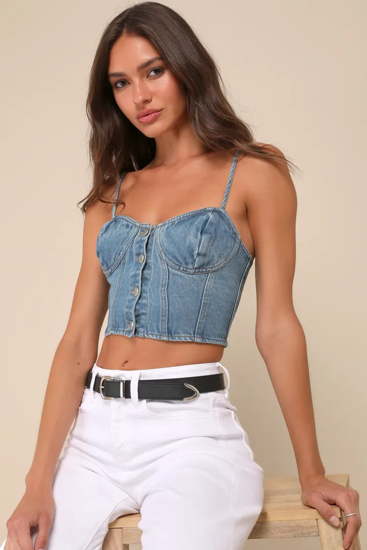 Flirty Daydream Medium Wash Denim Bustier Crop Top | Lulus