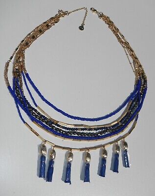 Stella & Dot Blue Gold Multi Beaded Necklace w/ Blue Tassels | eBay US
