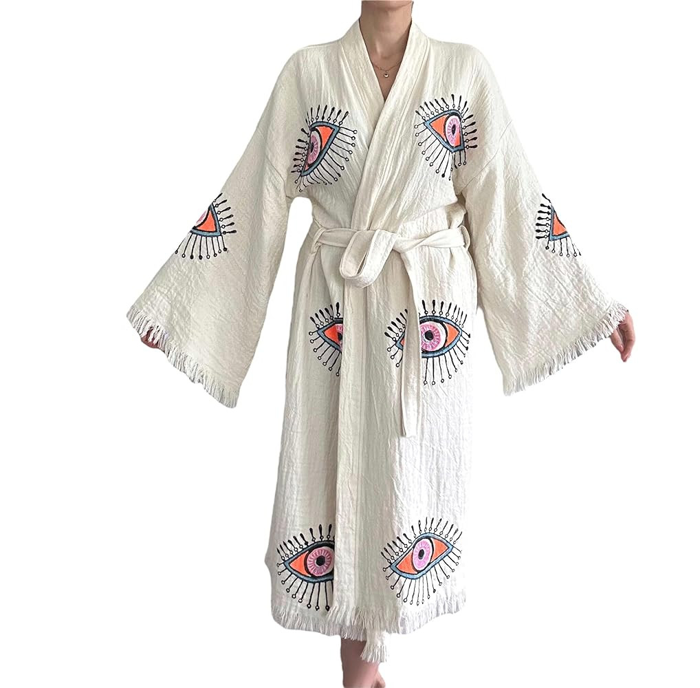 Pinus Evil Eye Kimono Robe Hand Painted, 100% Cotton, Robe, Loungewear, housecoat One Size Fits X... | Amazon (US)