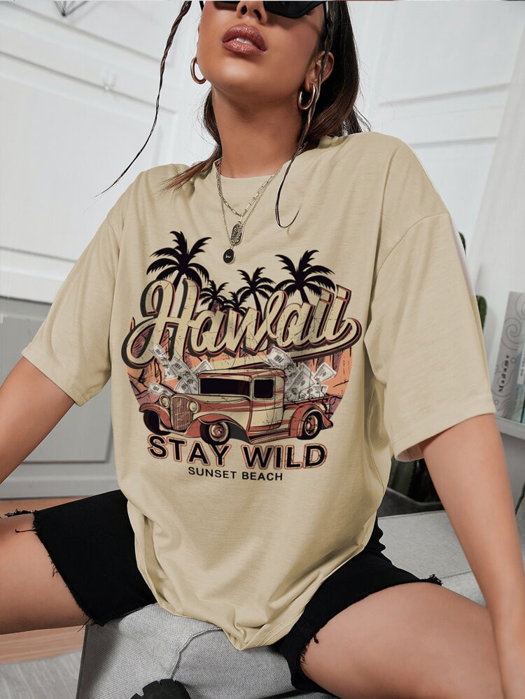 Letter & Tropical Print Tee | SHEIN