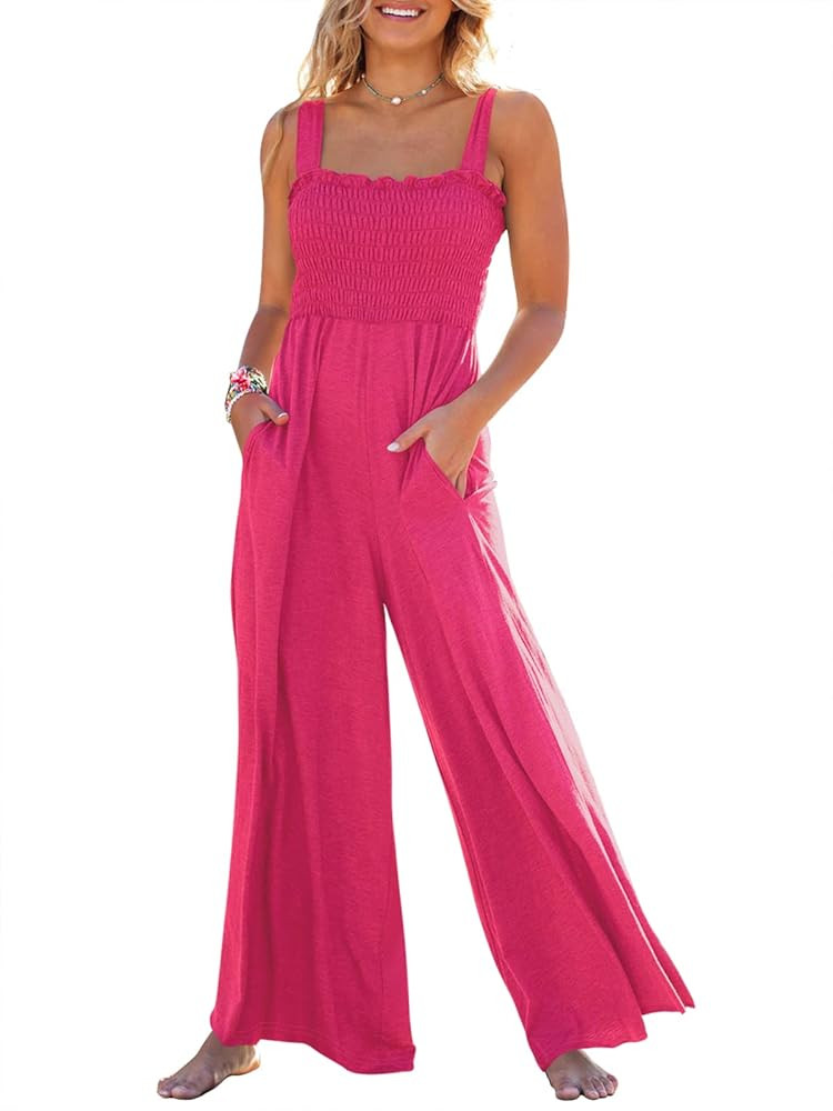 ANRABESS Women's Casual Loose Sleeveless Tank Jumpsuits Square Collar Smocked Wide Leg Jumpsuit R... | Amazon (US)