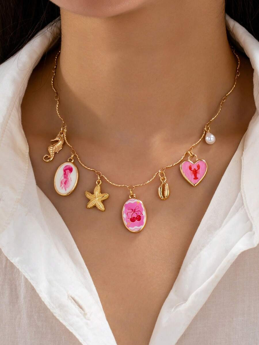 1pc Pink Beachy Charm Necklace, Gold-Tone Chain With Jellyfish, Lobster & Cherry Pendants, Y2K St... | SHEIN