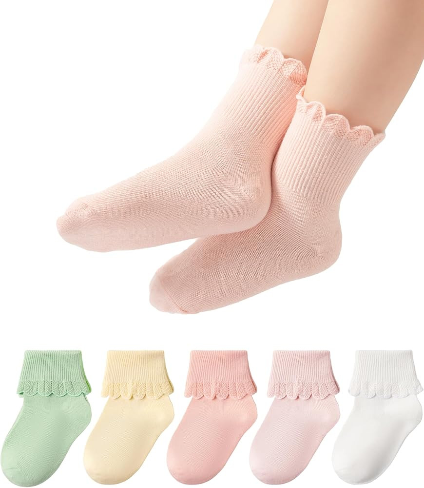 Funjoon Toddler Girl Socks Ruffle Dress Cotton Socks Little Girl Turn Cuff Frilly sock 12M-6Y | Amazon (US)
