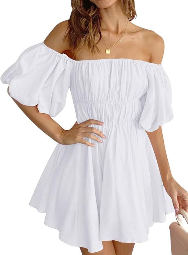 Hotwy Women's Summer Short Dresses Square Neck Puff Sleeve Off Shoulder Ruffle Mini Dress | Amazon (US)