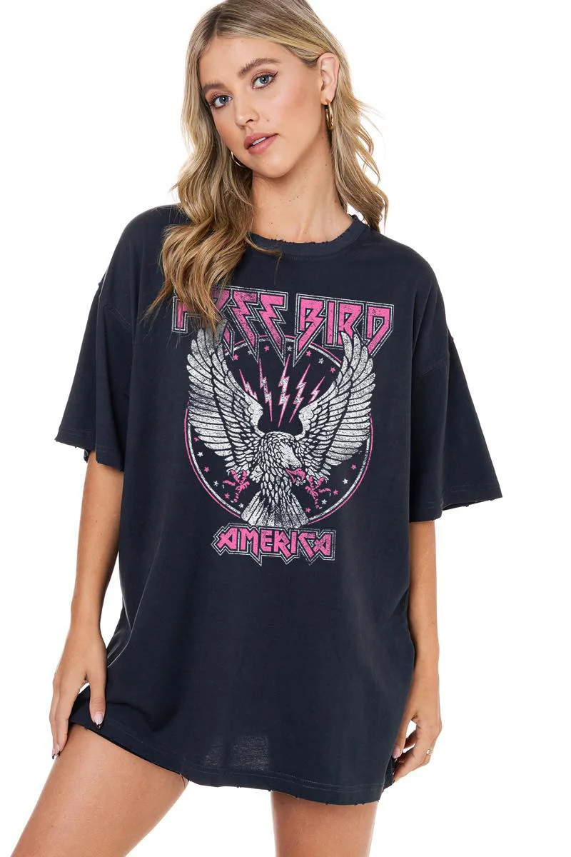 FINAL SALE!! Free Bird America Graphic Oversized Tee w/ Pink Writing | Glitzy Bella