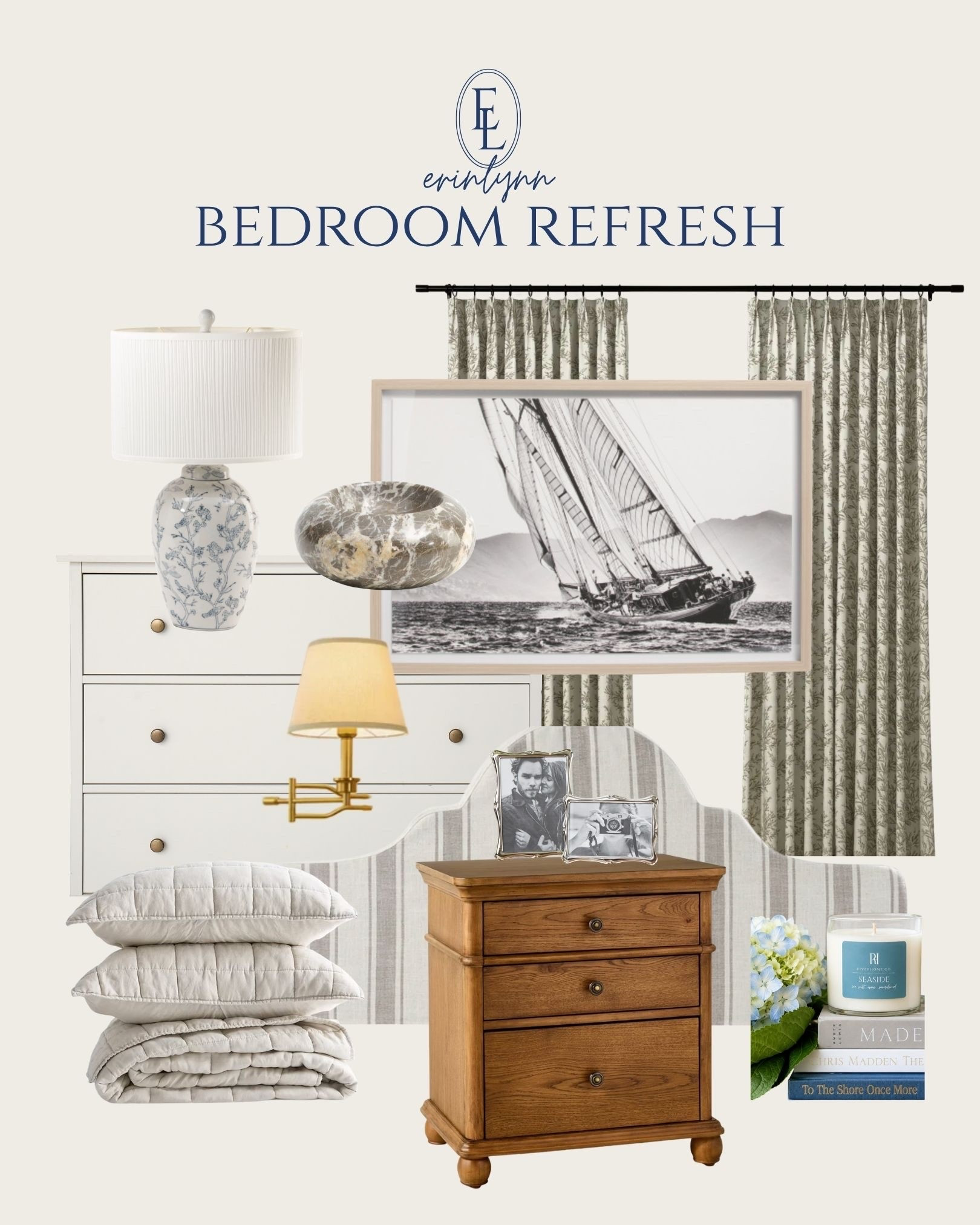 Slowly collecting pieces for a classic coastal bedroom that feels equal parts Nancy Meyers, New England summer, and boutique hotel.

Soft stripes, tailored curtains, vintage-inspired art, warm wood tones, layered bedding, and a few blue-and-white accents are bringing the vision together.

coastal bedroom, Nancy Meyers home, classic coastal decor, bedroom refresh, blue and white decor, coastal grandmother style, traditional home design, New England coastal

#LTKHome