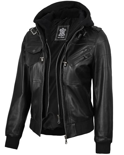 fjackets Womens Leather Jacket - Real Lambksin Leather Bomber Jacket Women With Removable Hood - Edinburgh Black | [1313622] S | Amazon (US)
