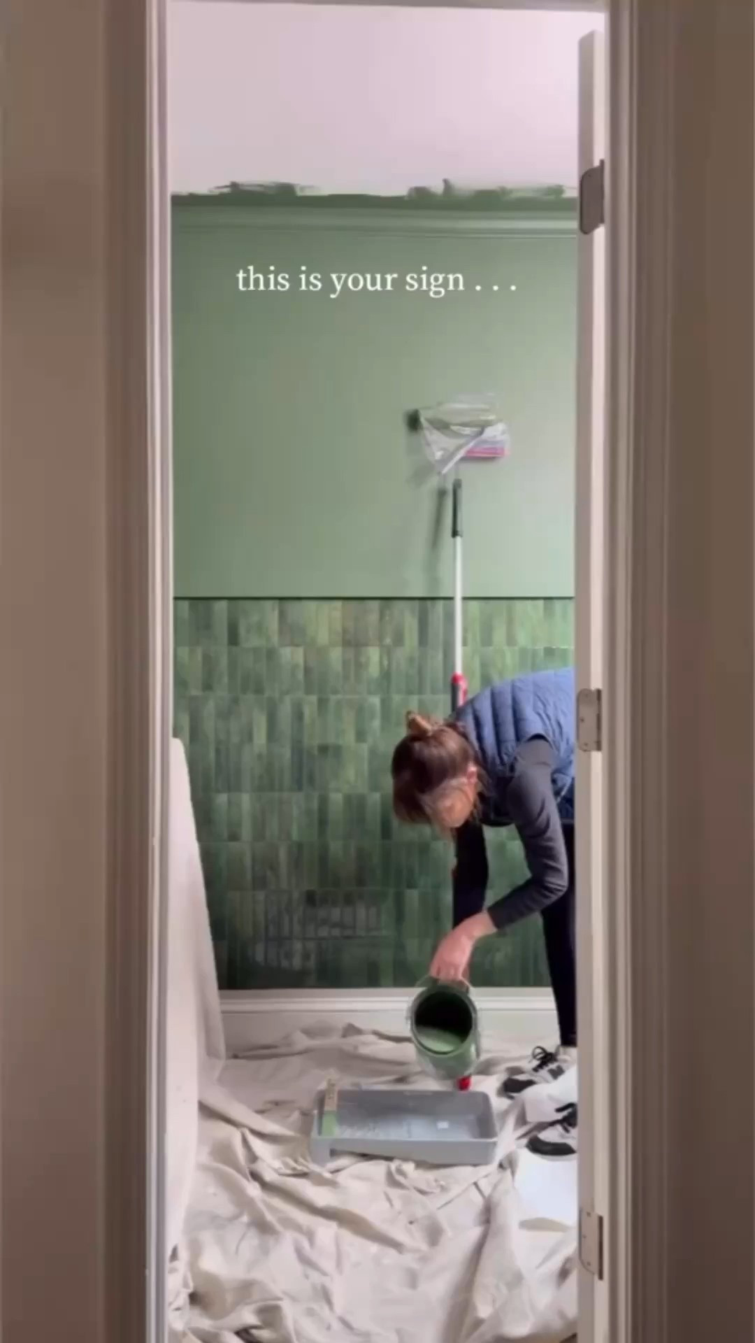 🎨✨ Transforming this space with a bold color drenched look! Using green wall tile, matching ceiling paint, a paint roller with extension pole, and all the DIY painting essentials to create a seamless, cozy vibe. Don’t be afraid to take the color all the way up — it makes such a statement! 💚

#colordrench #greenpaint #benjaminmoore #paintroller #diyhomemakeover #greenbathroom #paintedceiling #walltiledecor #homeinterior #ltkhomedecor #eanesinteriors



#LTKstorytime #LTKHome #LTKdayinmylife