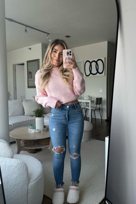 Winter outfit 
Pink sweater 
Knit sweater 
Jeans 
Ugg slippers 
Abercrombie 
H&M

#LTKfindsunder50 #LTKbeauty #LTKstyletip