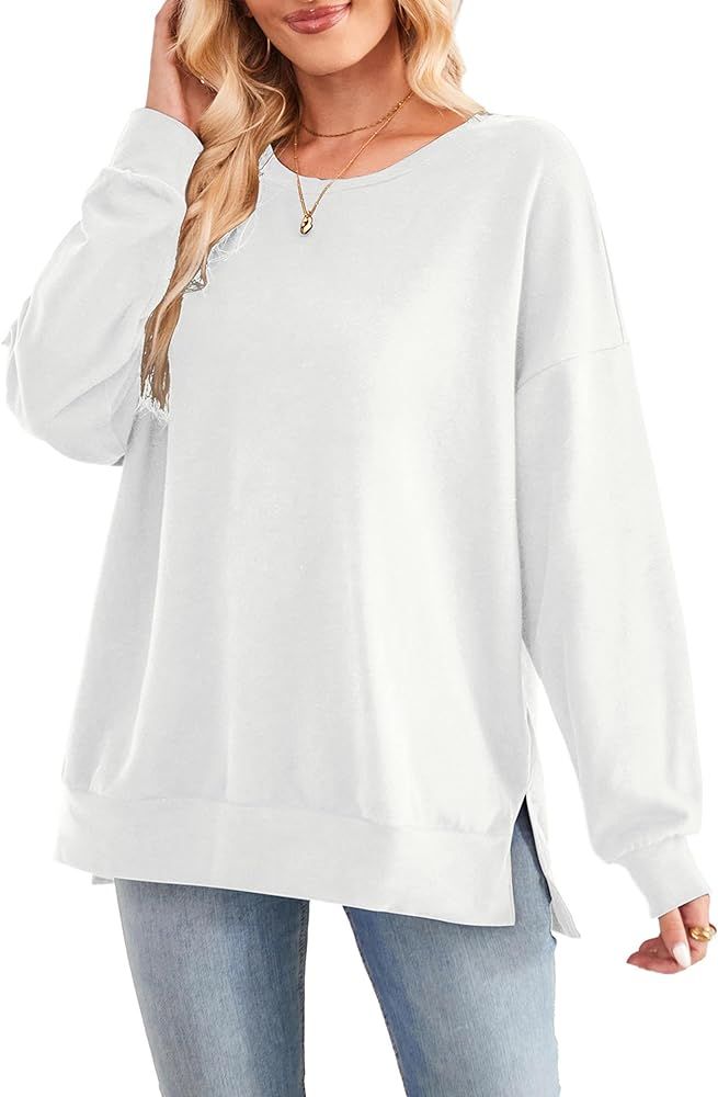 Amoretu Womens Sweatshirts Casual Crew Neck Tops Long Sleeve Loose Oversized Pullover Shirts | Amazon (US)